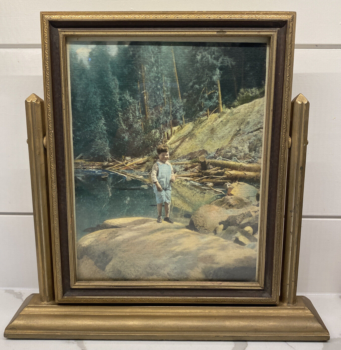Antique Photo Child At Lake McDonald Swivel Art Deco Frame Montana
