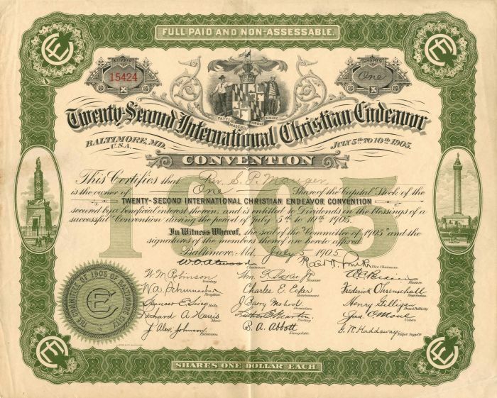 Twenty-Second International Christian Endeavor Convention - Stock Certificate - 