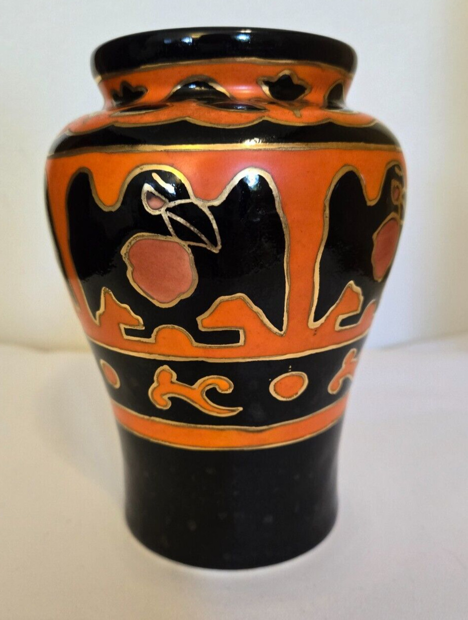 Kinkozan Japan Vintage Painted Porcelain Ceramic Vase Orange Black Raven 6\