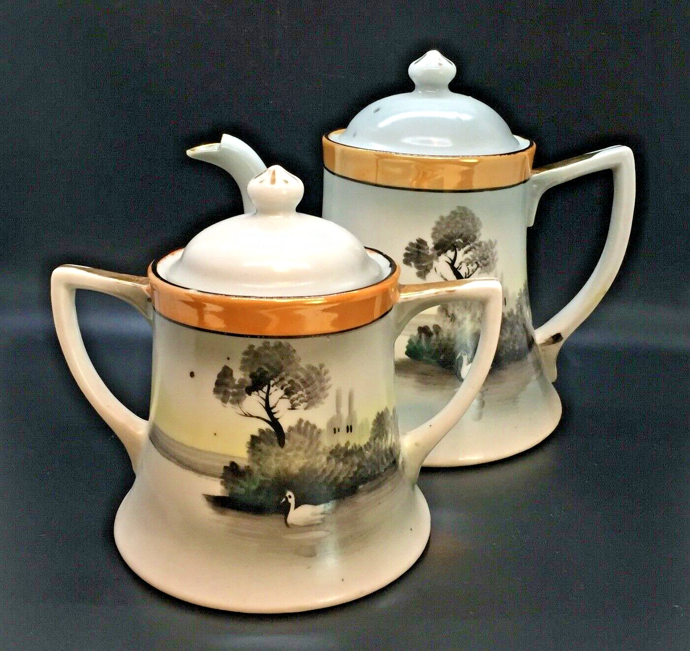 Vtg CHIKARAMACHI Tea Pot & Sugar Bowl EARLY NORITAKE 1928-42 Hand Painted Swan