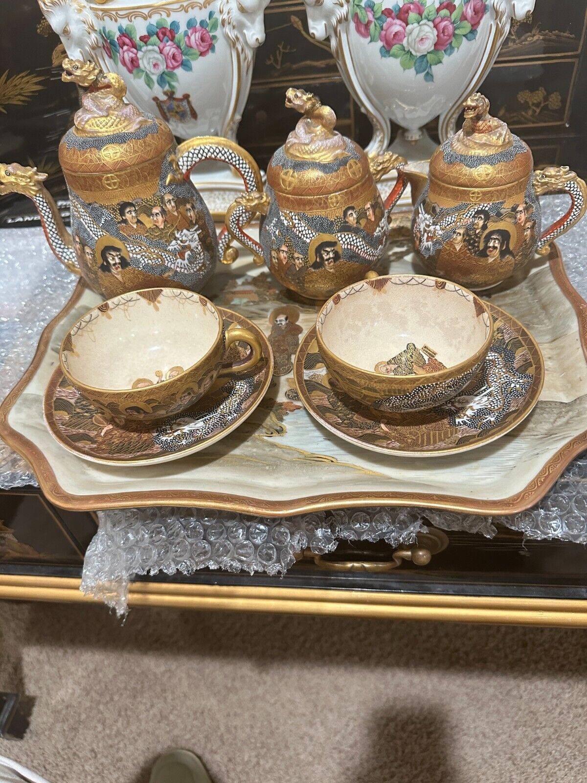 ANTIQUE JAPANESE SATSUMA TEA/COFFEE SET FOR TWO WITH MATCHING SATSUMA TRAY MARKS