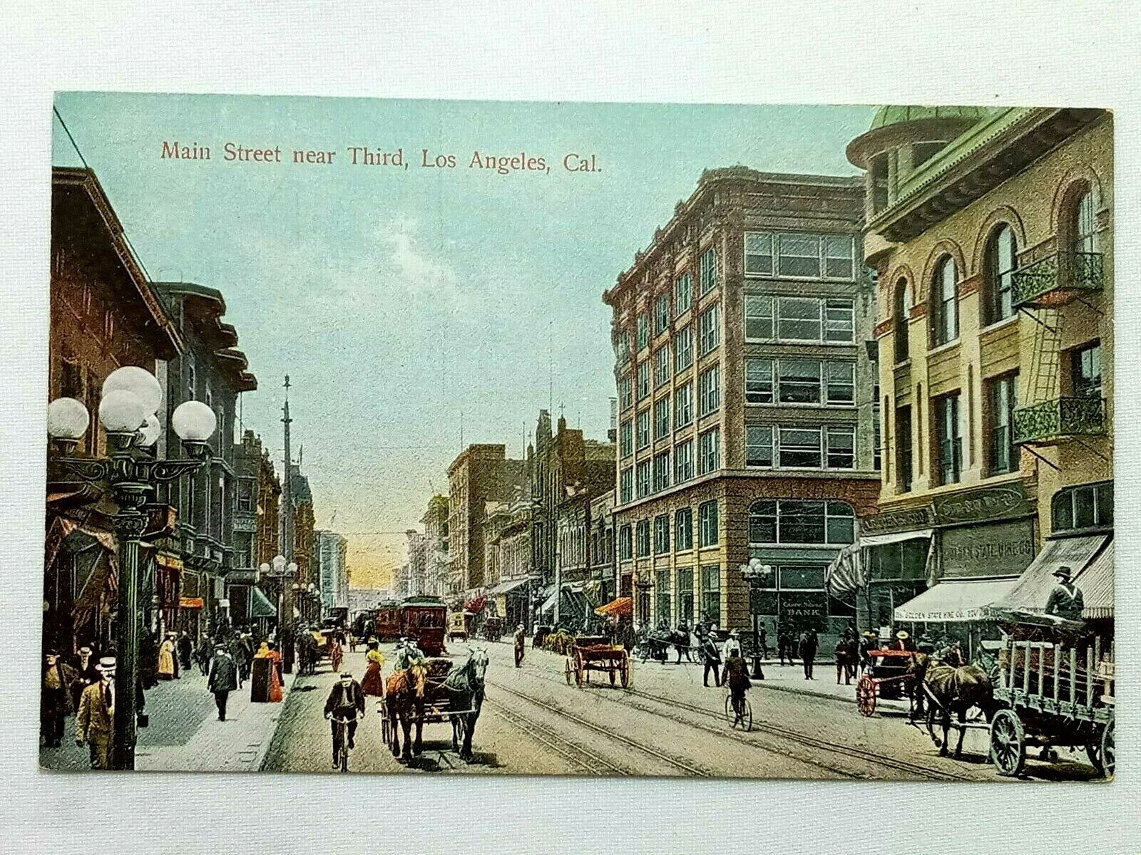 Vintage Postcard Main Street near Third Horse Pulled Carriages Los Angeles CA