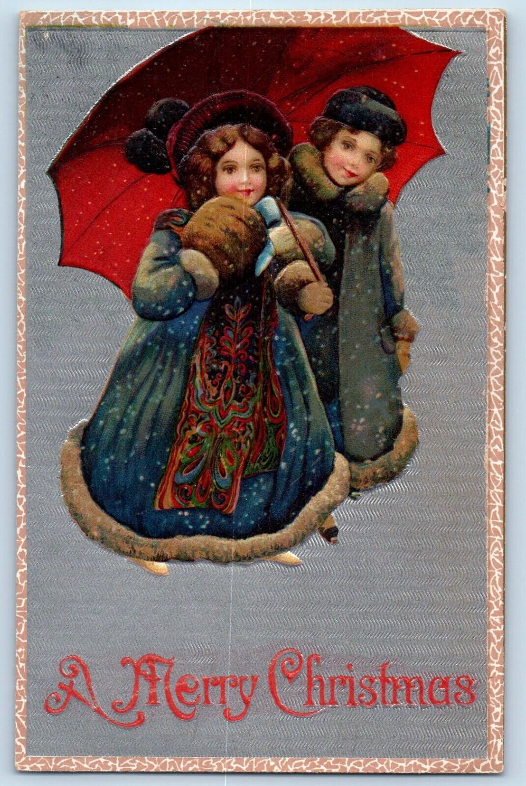 Correll MN Postcard Christmas Children Winter Suit With Umbrella Embossed RPO