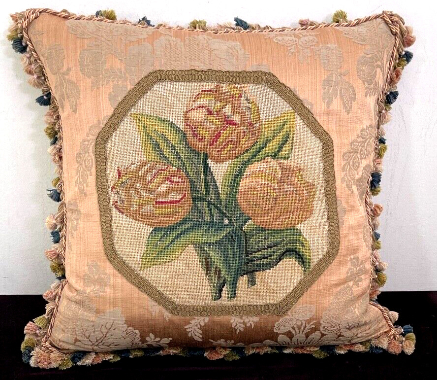 Designer Silk Damask Pillow w/ Handmade Needlepoint Tulips  YY756