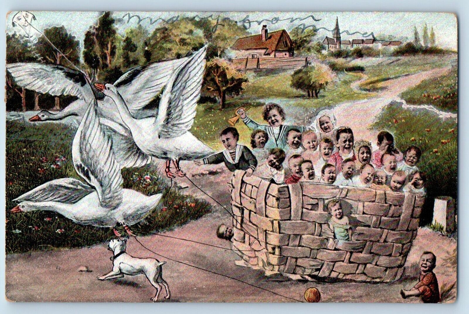 Storks Postcard Babies On Basket Janesville Minnesota MN 1908 Posted Antique