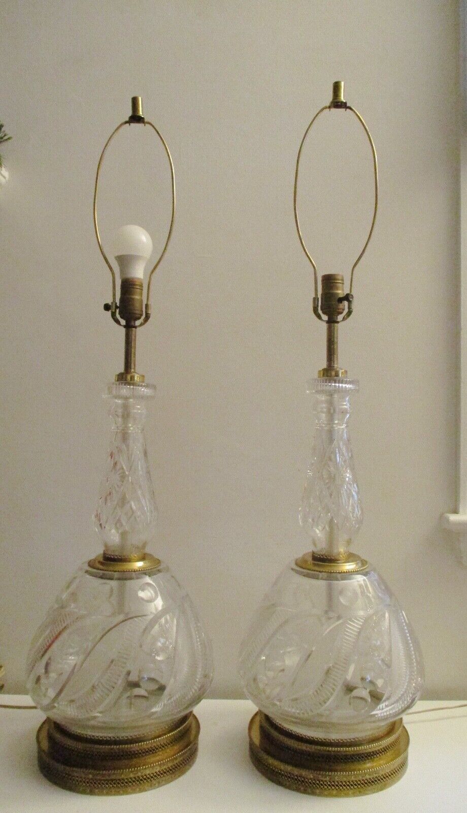Pair Monumental Heavy Cut Glass Crystal Brass Hollywood Regency Table Lamps Wow