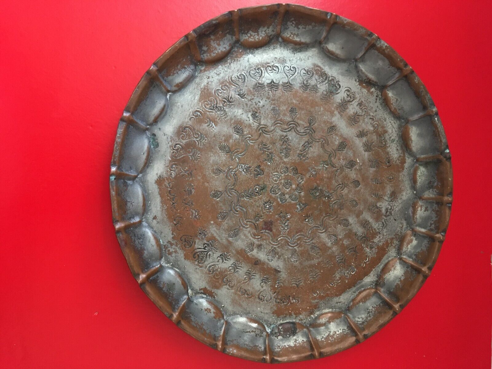 Vintage / Antique 1920s EGYPT Copper Tin Round Serving Platter Waiter Tray 12”