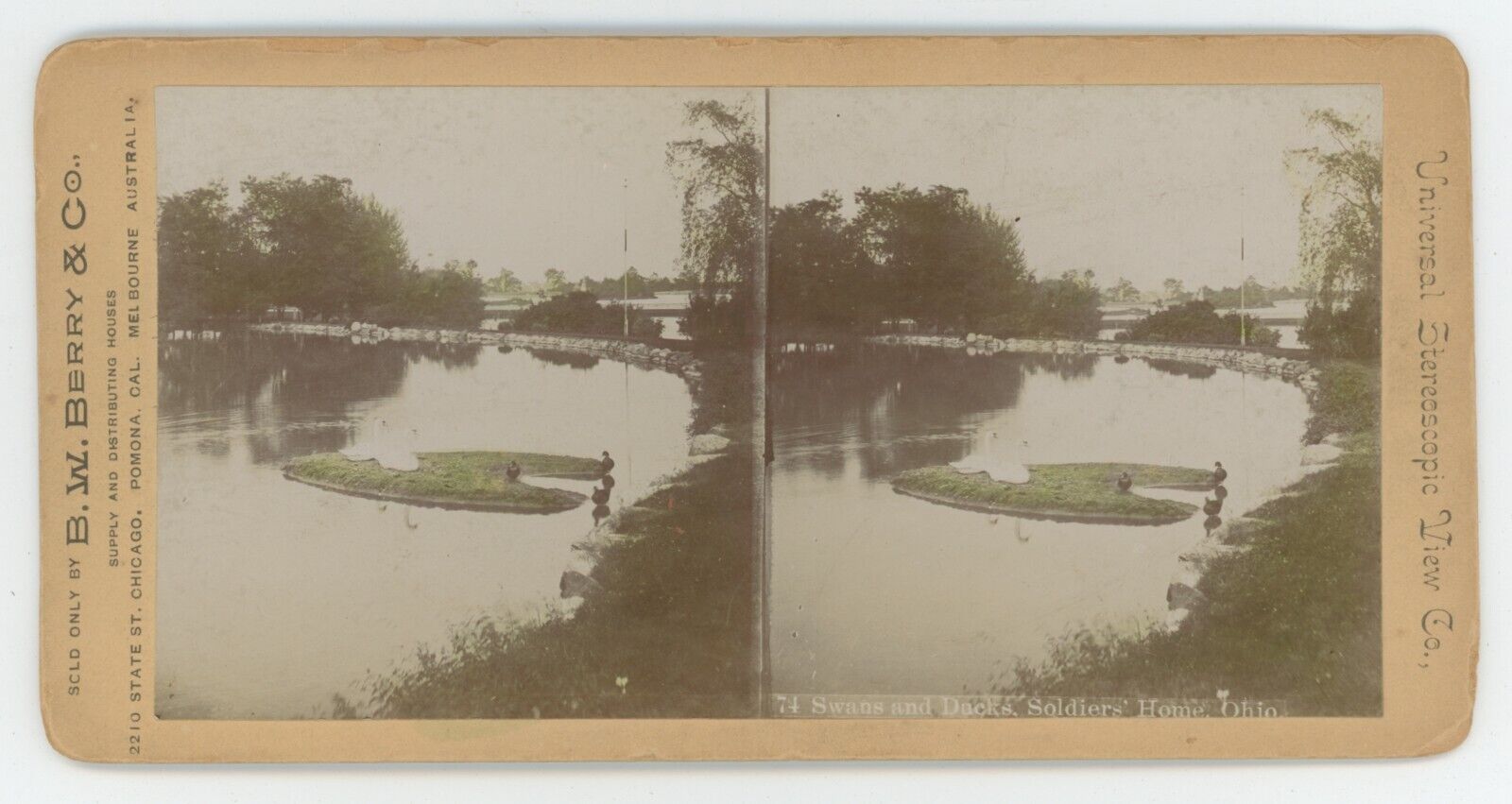 c1900\'s Real Photo Hand Tinted Stereoview Swans and Ducks Soldiers Home Ohio
