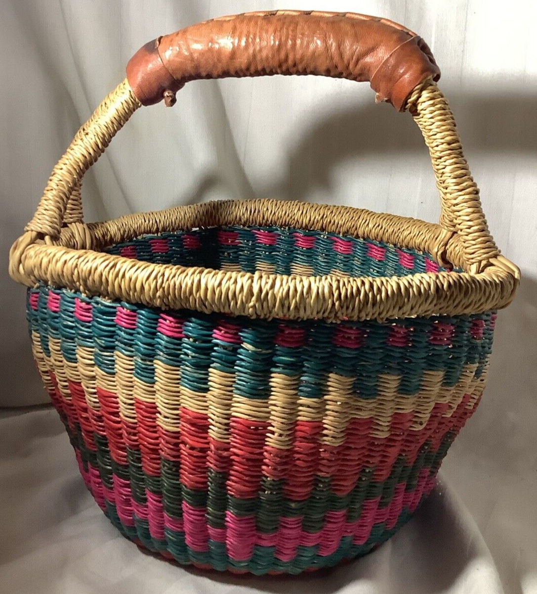 Bolga Colorful Woven Market Basket with Leather Handle NICE