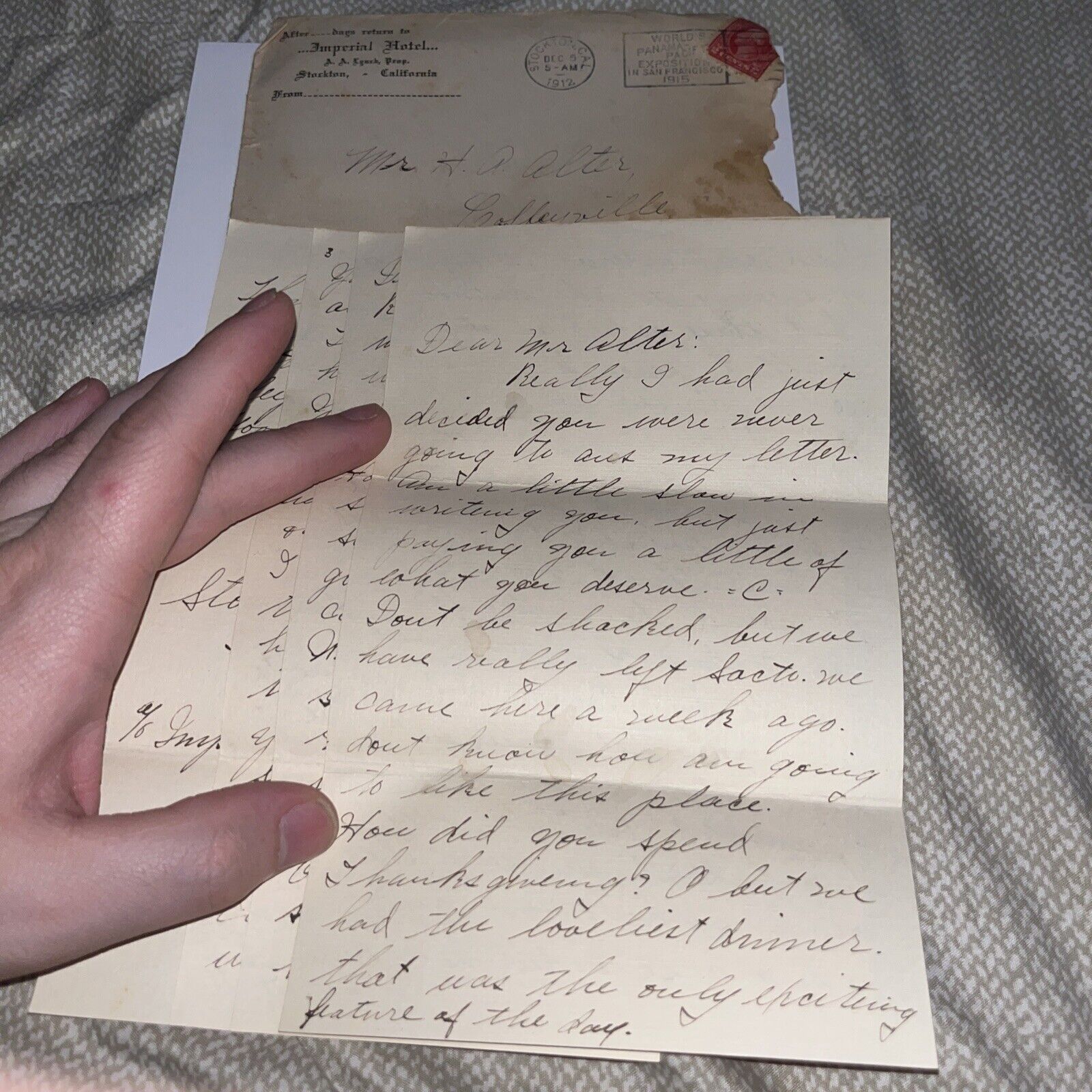 Antique 1912 Correspondence in Imperial Hotel Envelope - Stockton California CA