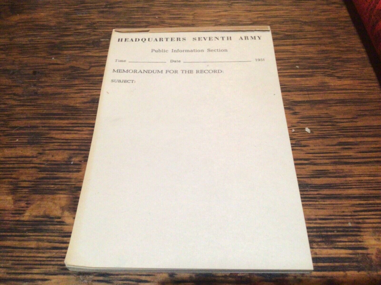 Headquarters Seventh Army Public Information Section Note Pad 1949