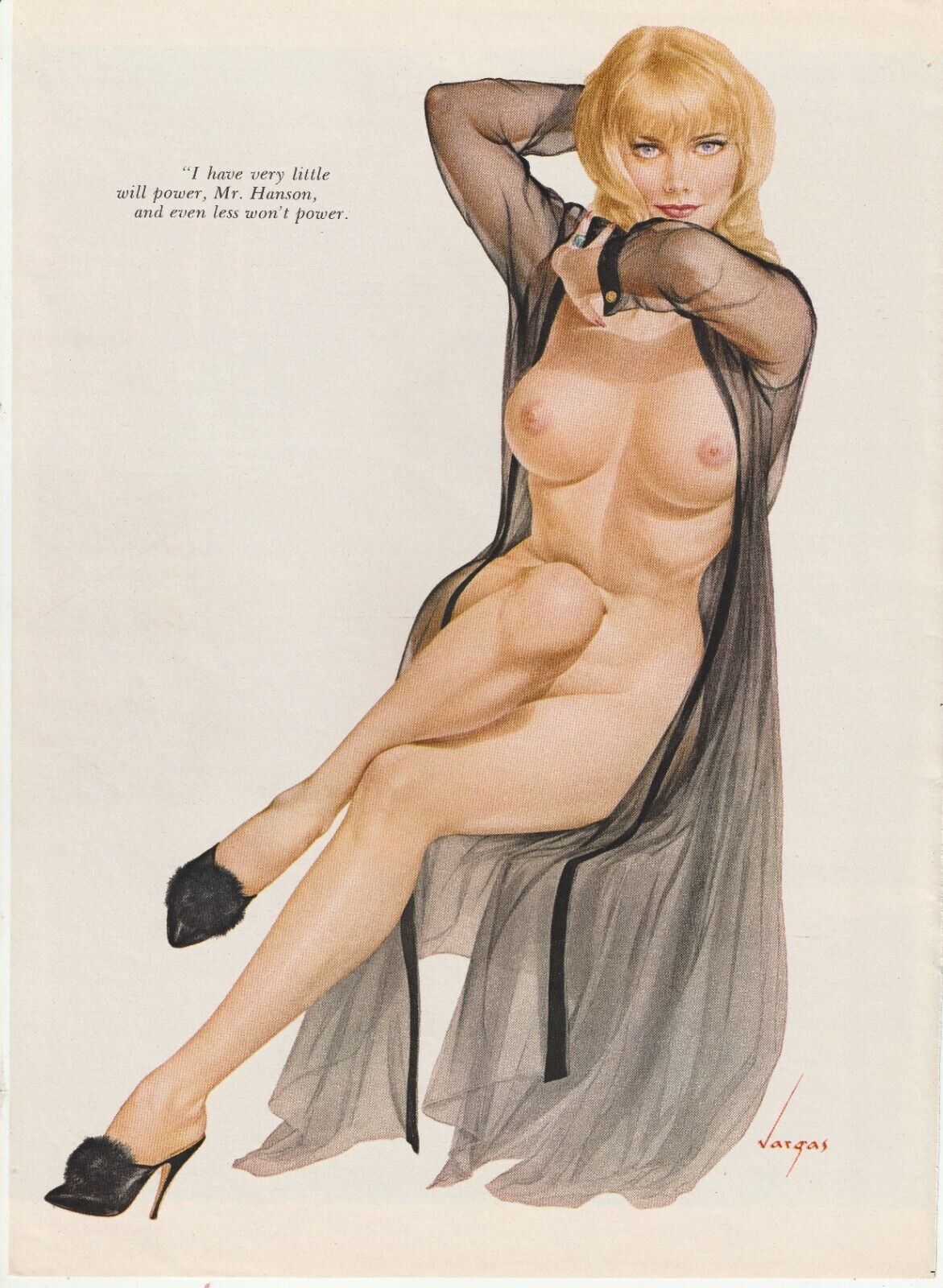 VARGAS GIRL 1960s Alberto Vargas Playboy Art Print Blonde Sheer Robe 21x28cm PLA