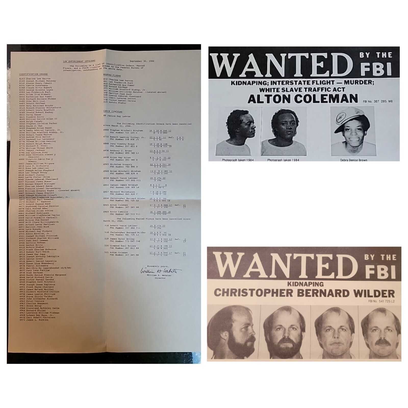 FBI Official Wanted Poster/Identification Order List Update, 9/30/84