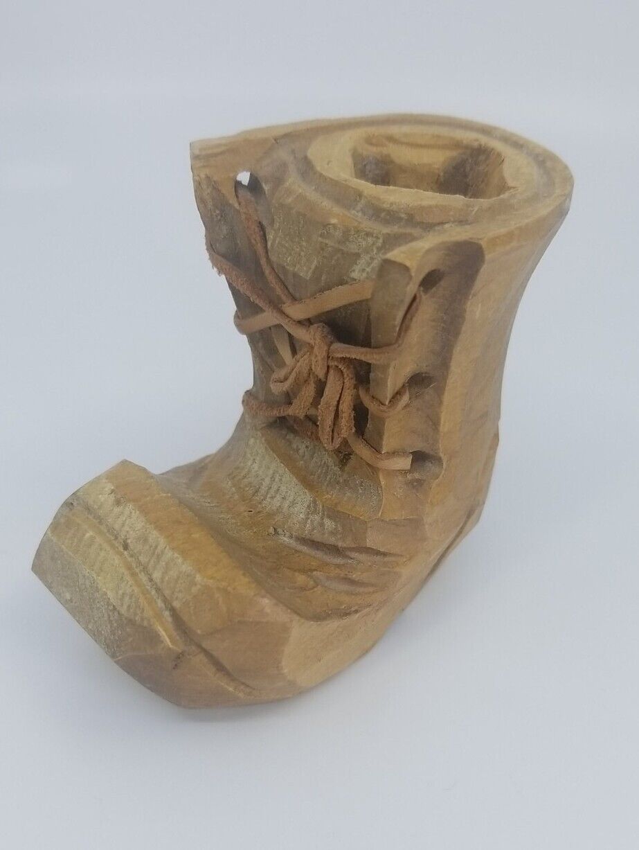 Vintage Hobo Tramp Folk Art Hand Carved Wood Boot Toothpick Match Holder 3.5\