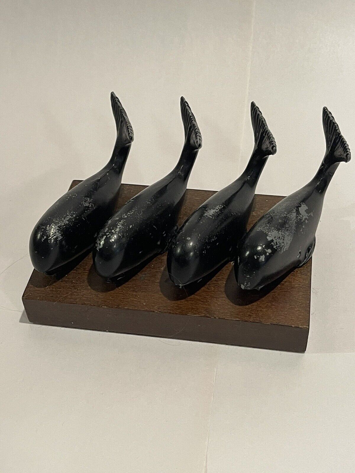 Set Of 4 1940’s Black Sperm Whale Chart Weights Cast Iron Paperweight w/ Stand