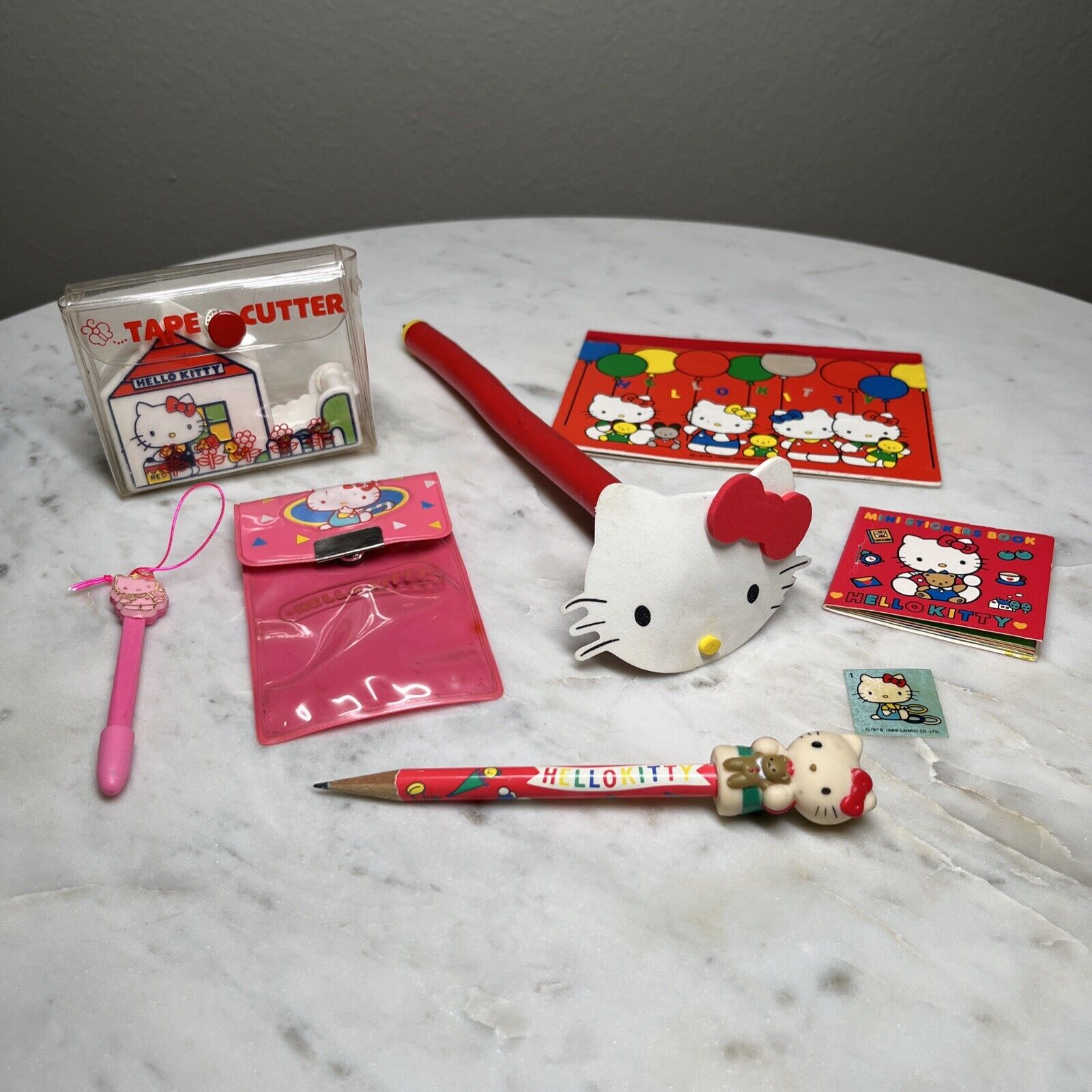 VTG Hello Kitty Stationary Lot~’76 Tape Cutter, Stickers, Pencil Topper, Ink Pen