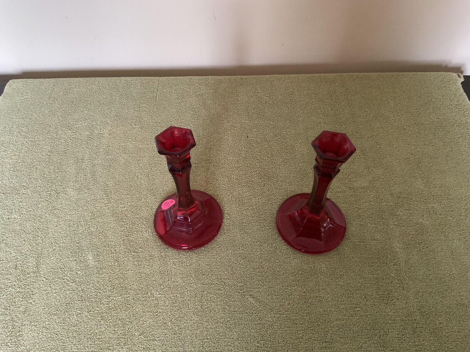 VINTAGE RUBY RED CANDLE HOLDERS (2)