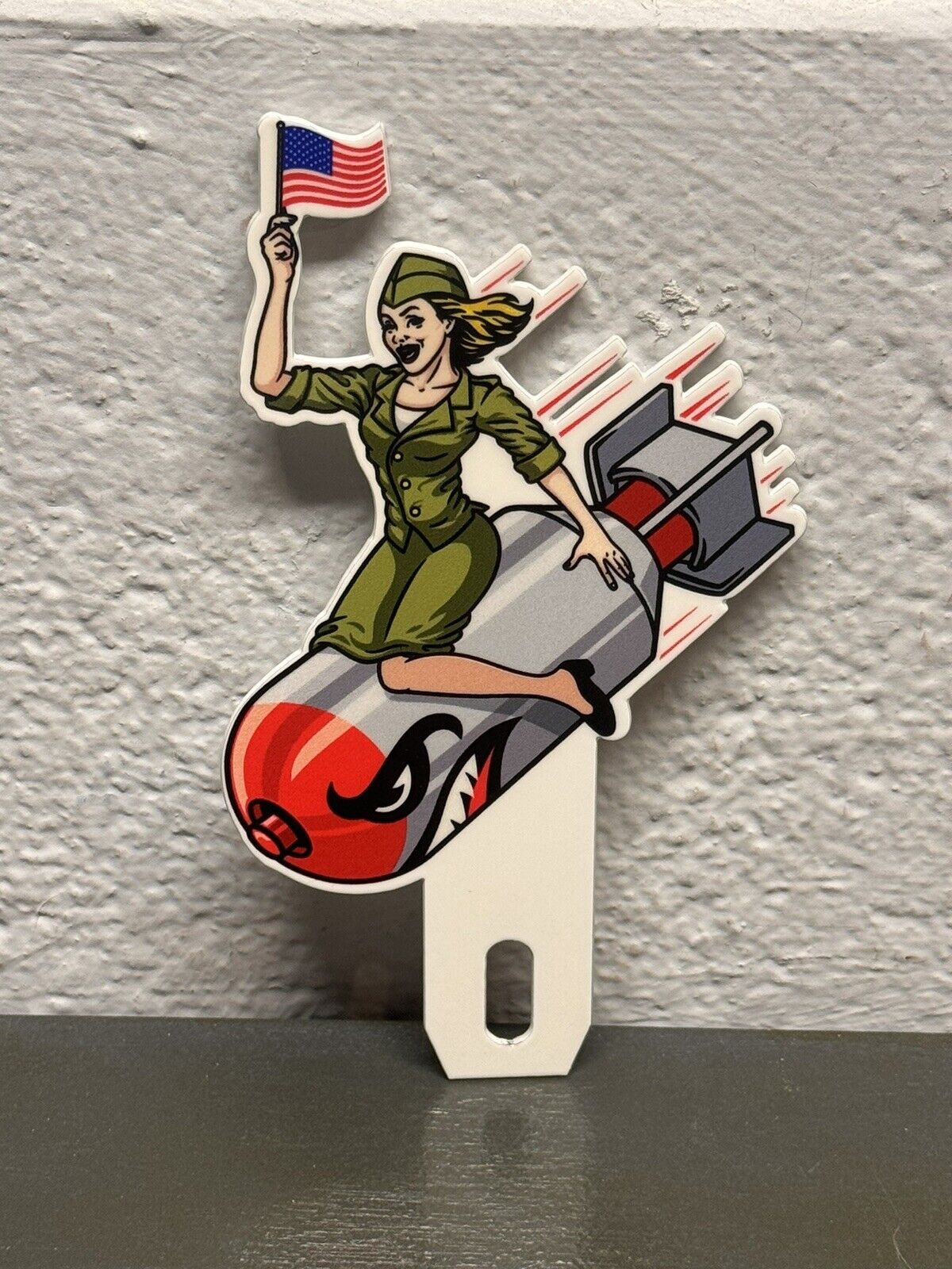 American Patriotic Atomic Bomb Girl Thick Metal Plate Topper Pin Up Sign Gas Oil