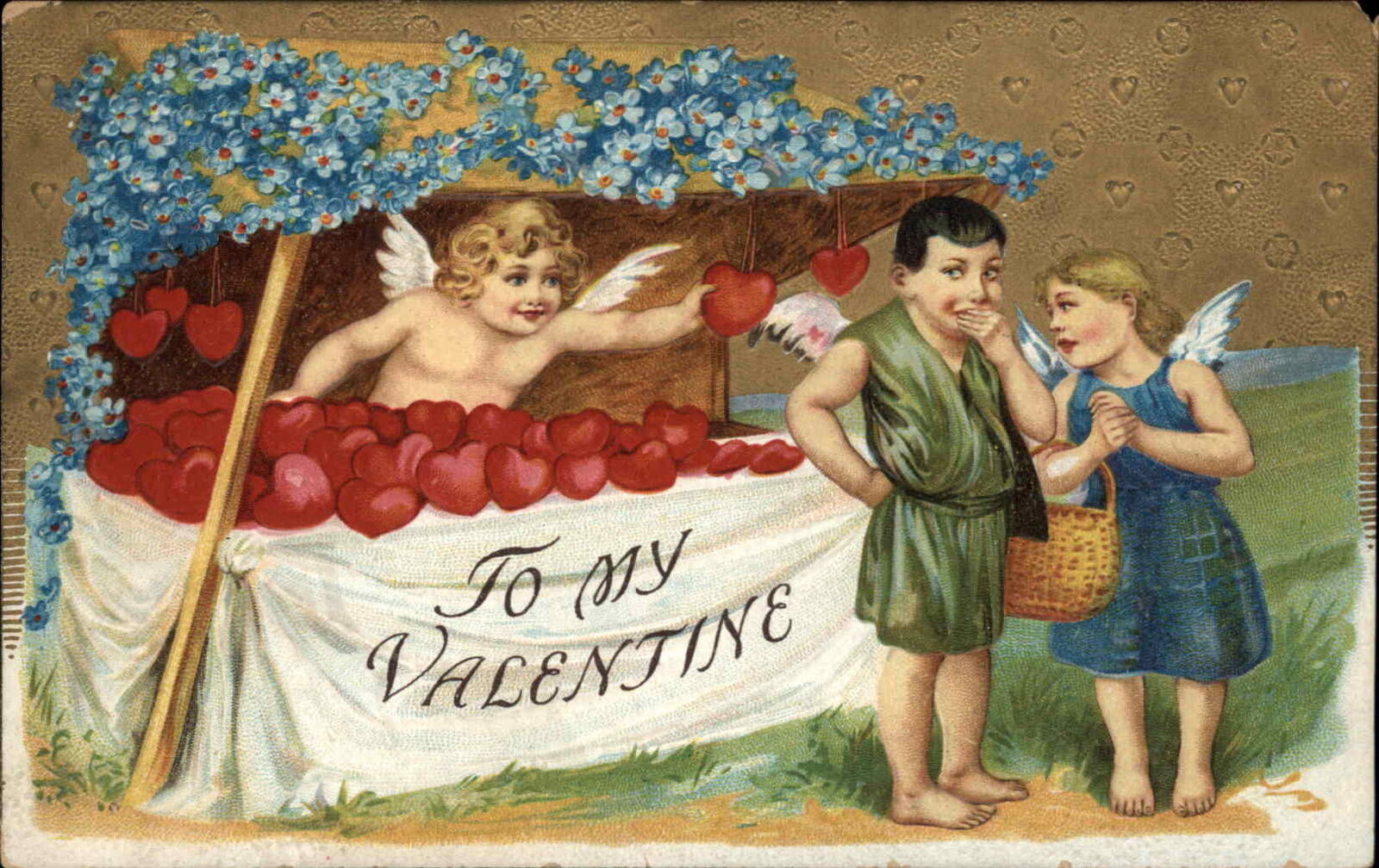 Valentine Fantasy Cupid Hands Hearts to Fellow Cupids c1910 Vintage Postcard