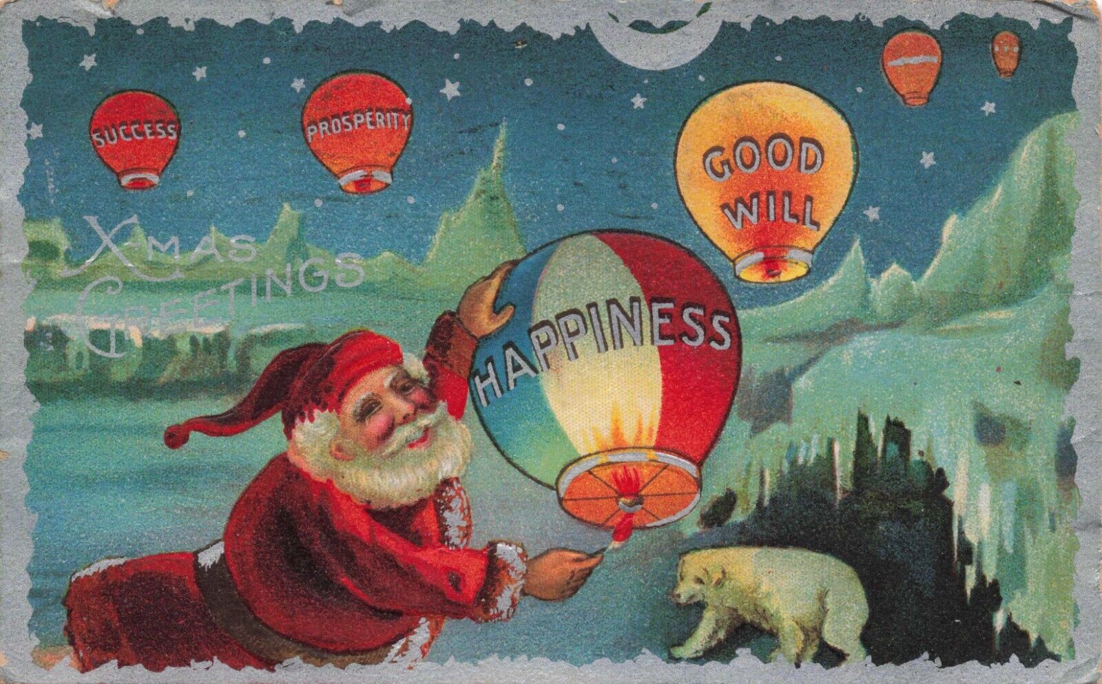 Santa Claus Lights Chinese Lanterns Polar Bear Silver Border Vintage Postcard