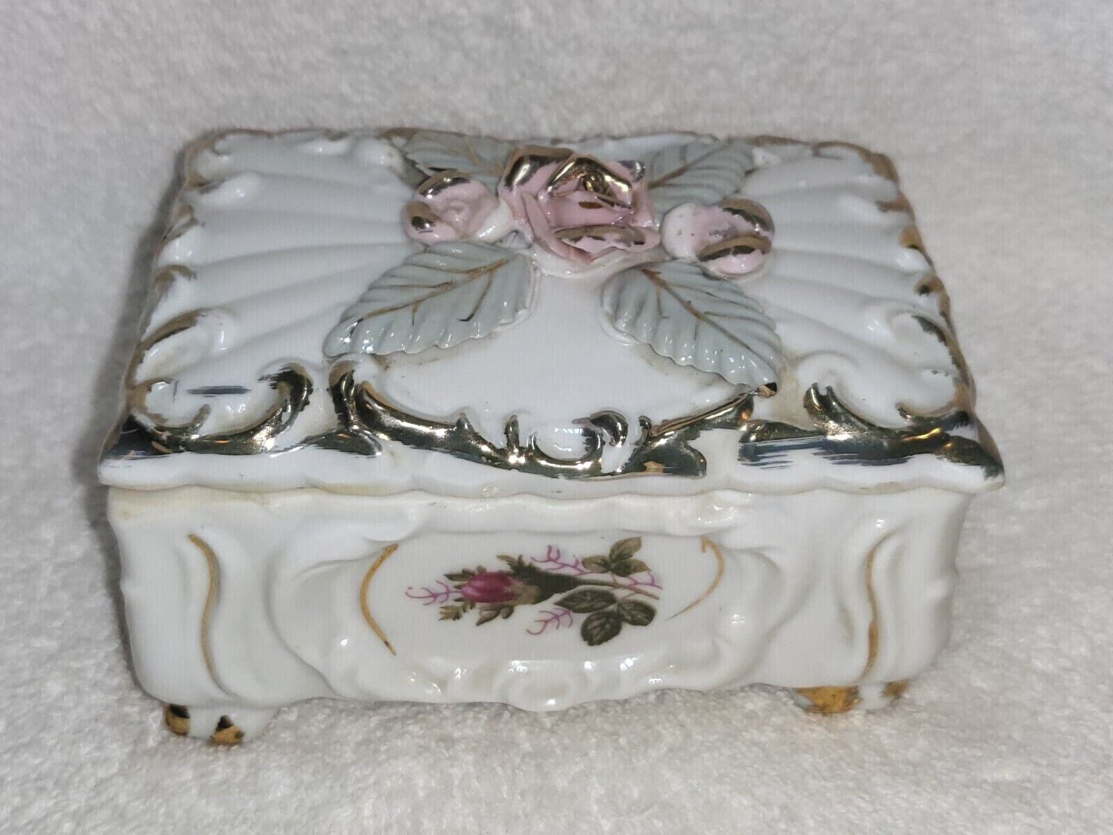 Vintage Japan White Porcelain 3D Pink Roses Rectangular 4\