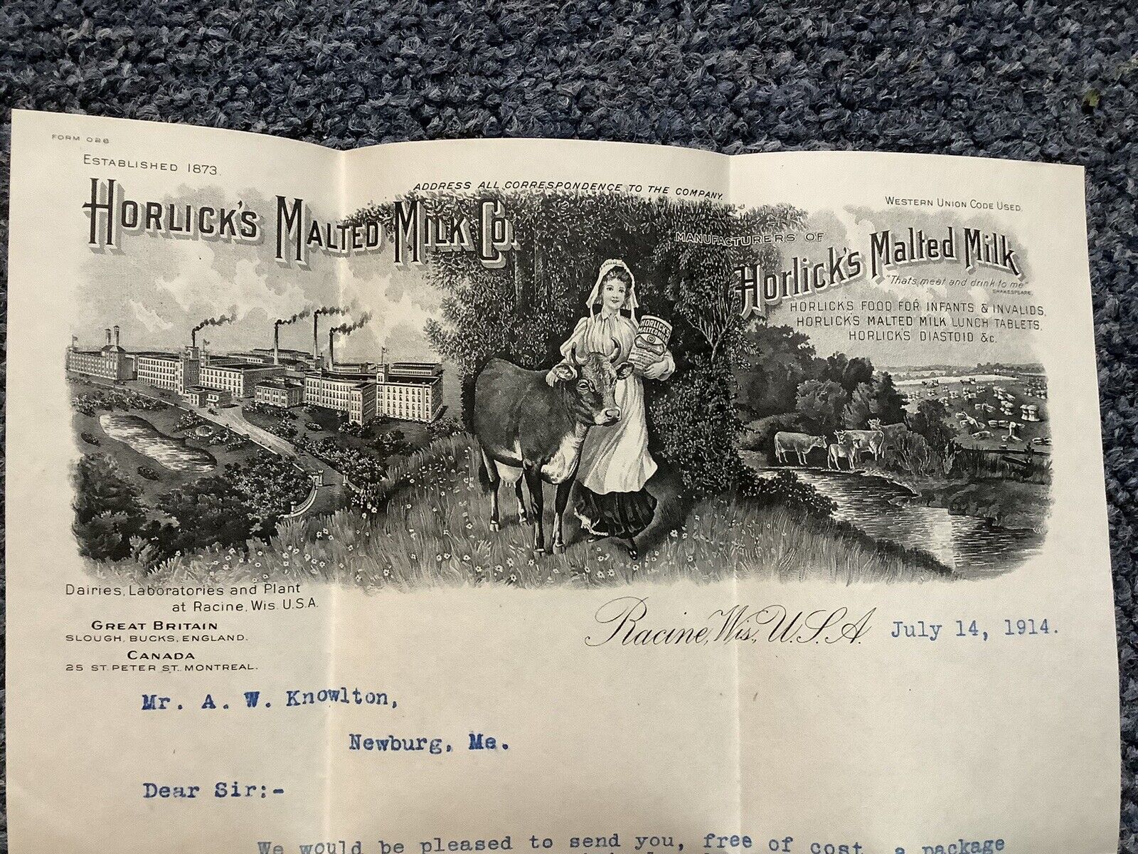 1914 HORLICK’S MALTED MILK Co.,RACINE ,WIS.-GRAPHIC AD LETTER+UNUSED POSTAL CARD