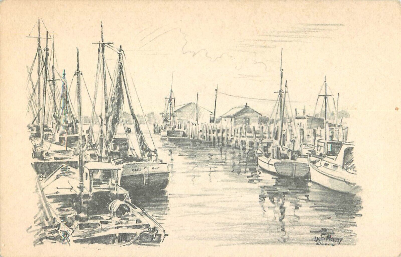 Jas F Murray Pencil Drawing Fishing Boats Dock Gloucester Harbor 1951 Postcard