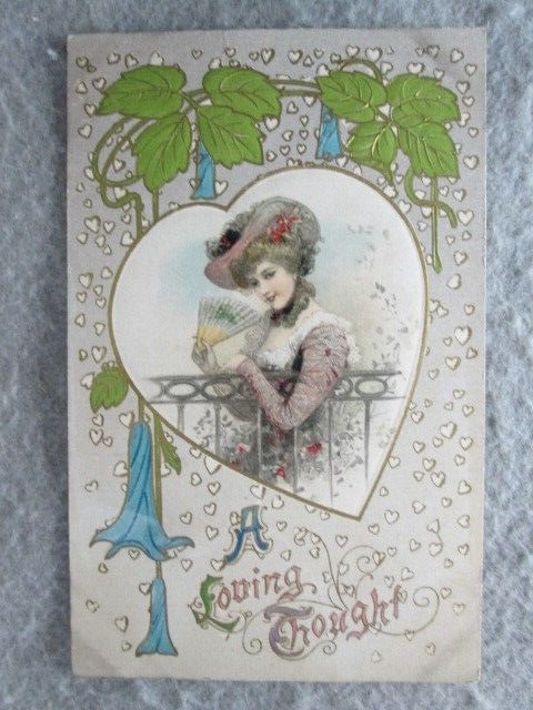 Antique A Loving Thought Postcard, Woman With Fancy Hat And Fan