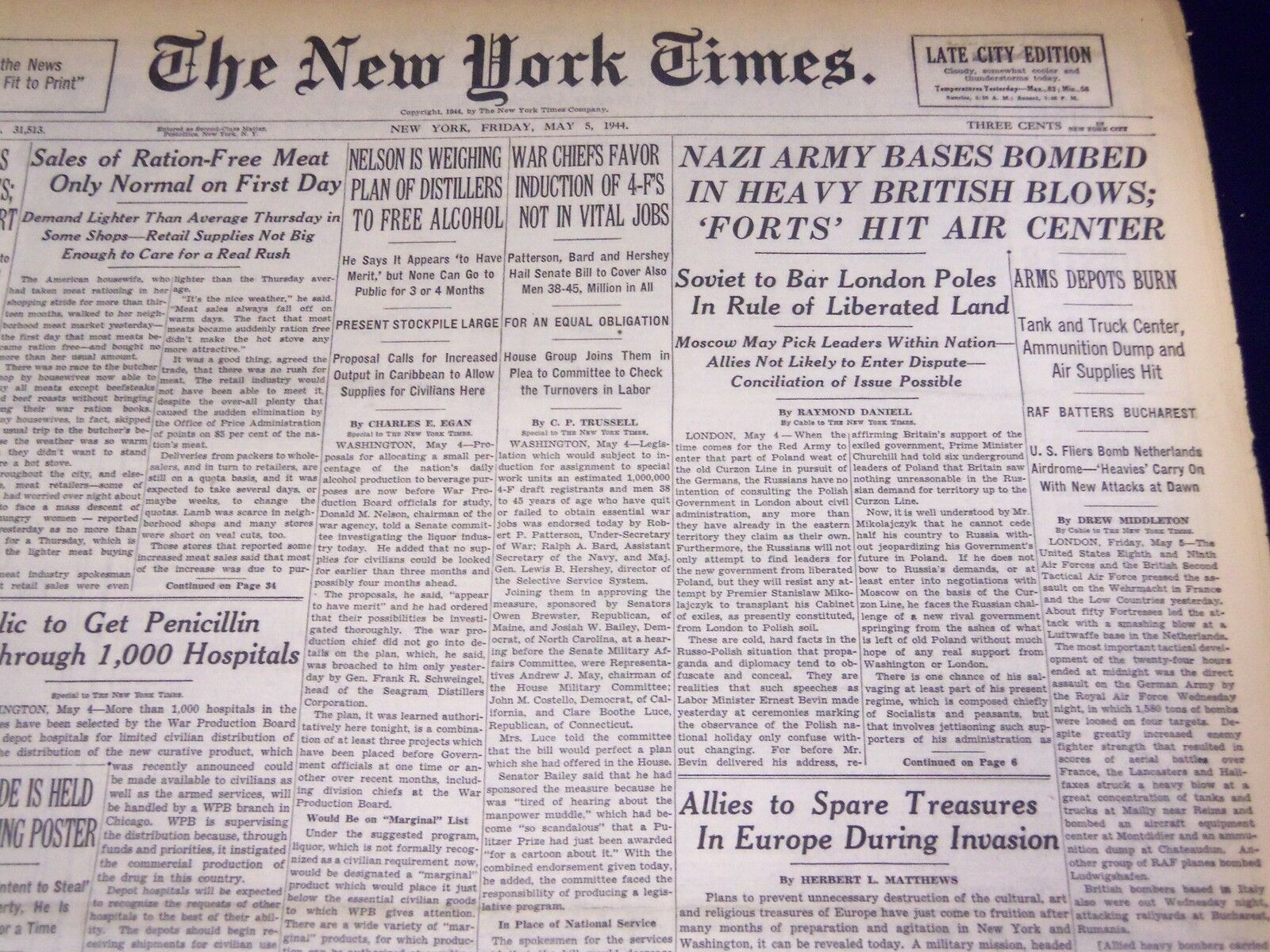 1944 MAY 5 NEW YORK TIMES - NAZI ARMY BASES BOMBED - NT 1728