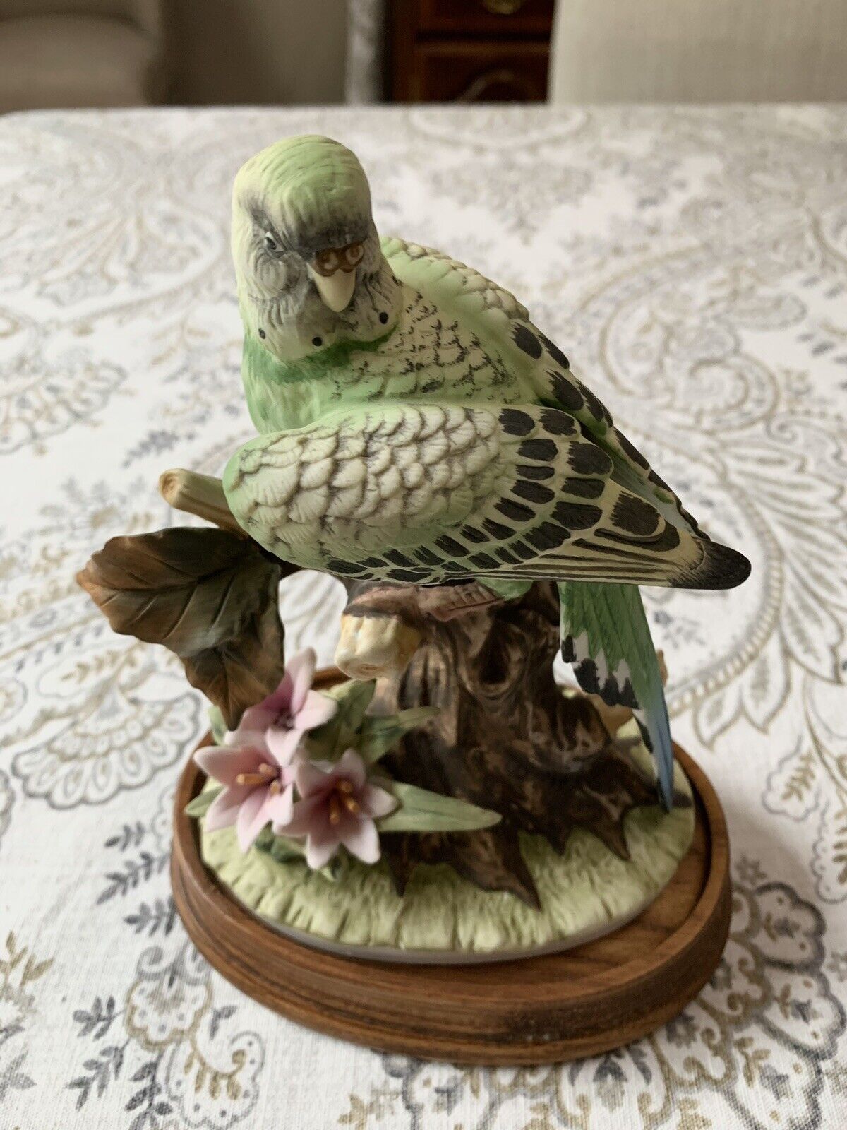 8” Vintage Andrea by Sadek Parakeet Bird Figurine With Andrea Wooden Base
