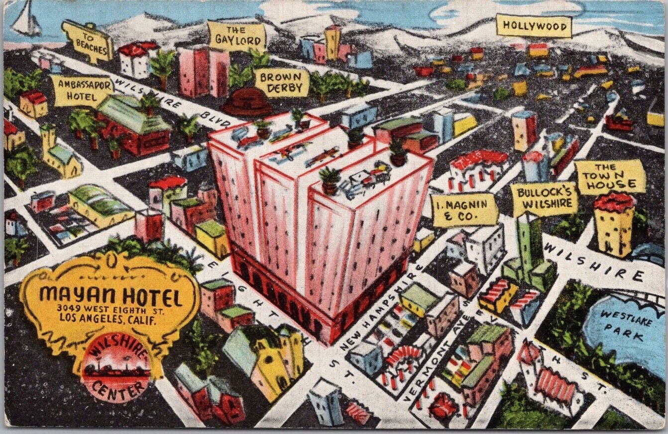 1940s LOS ANGELES California Postcard MAYAN HOTEL Wilshire Blvd Street Map View
