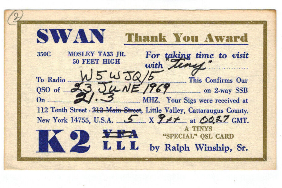 Ham Radio Vintage QSL Card     K2LLL   1969   Little Valley, New York