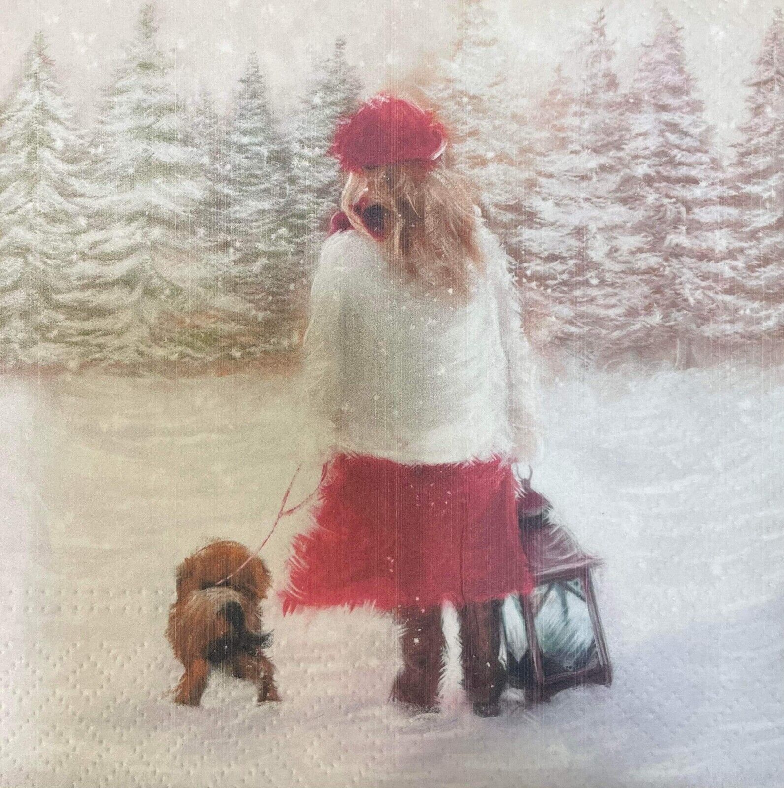 TWO Individual Decoupage Paper Lunch Napkin Christmas Vintage Girl Dog Snow