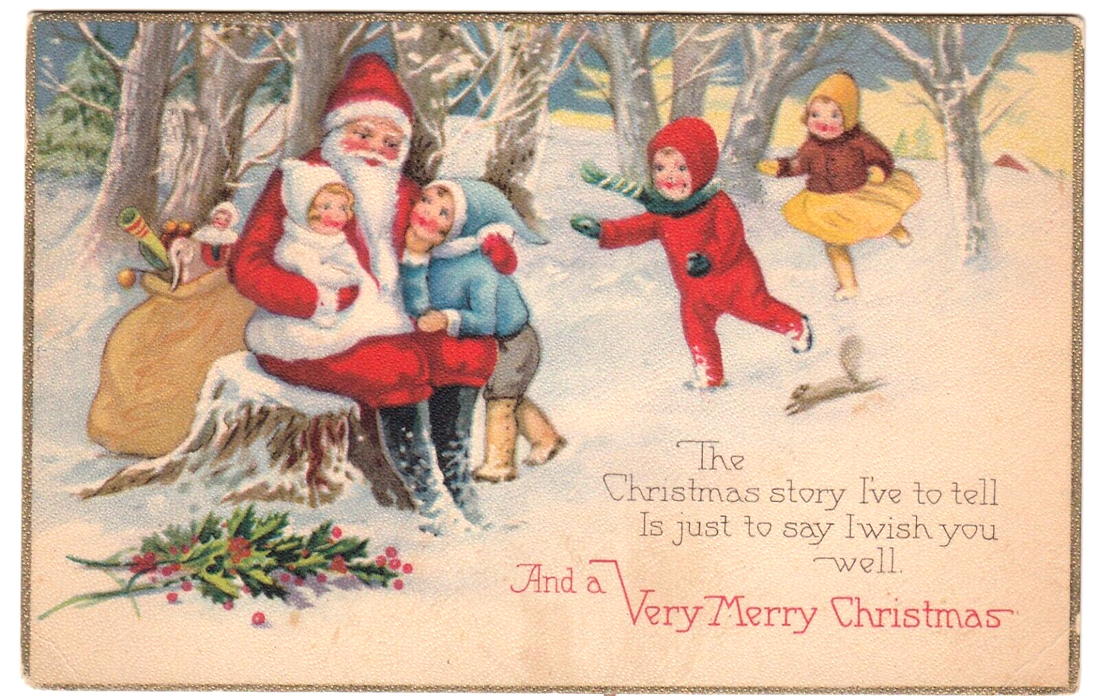 Children Greet Santa Claus in Wintery Forest ~Vintage Stecher Christmas Postcard
