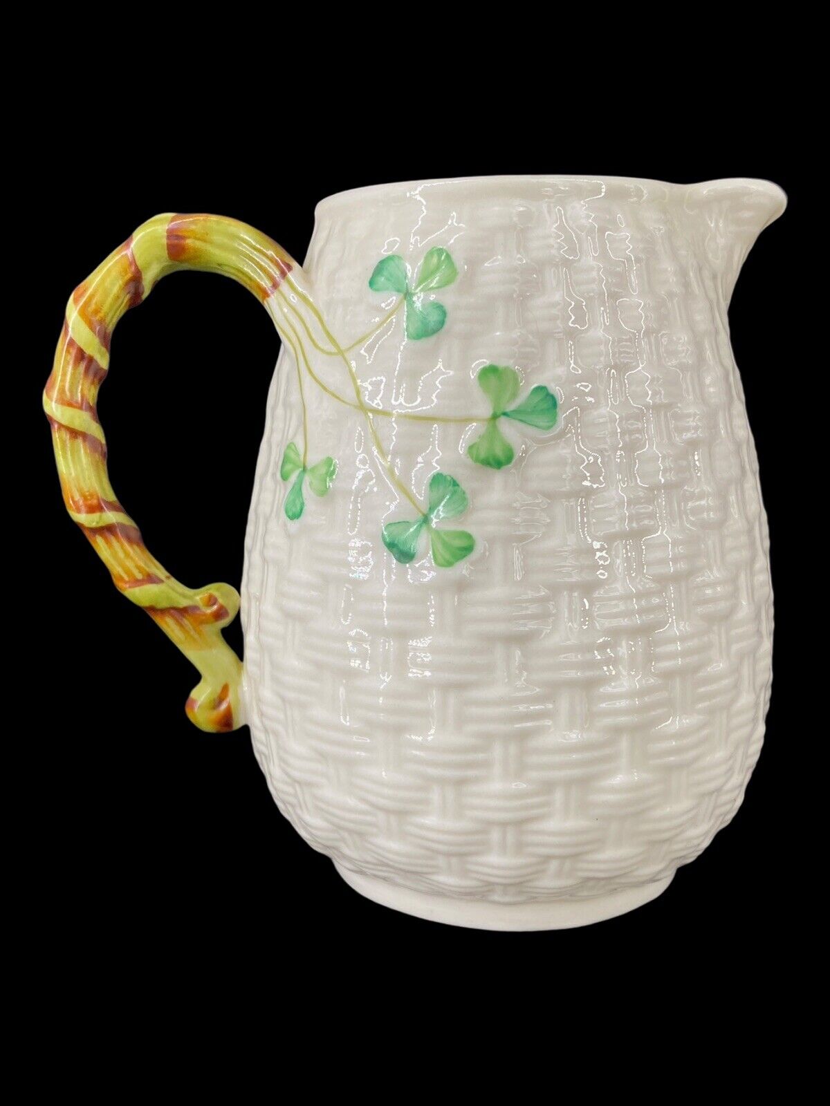 Vintage Belleek Irish Porcelain Shamrock Weave Basket Pitcher Green Mark VG+