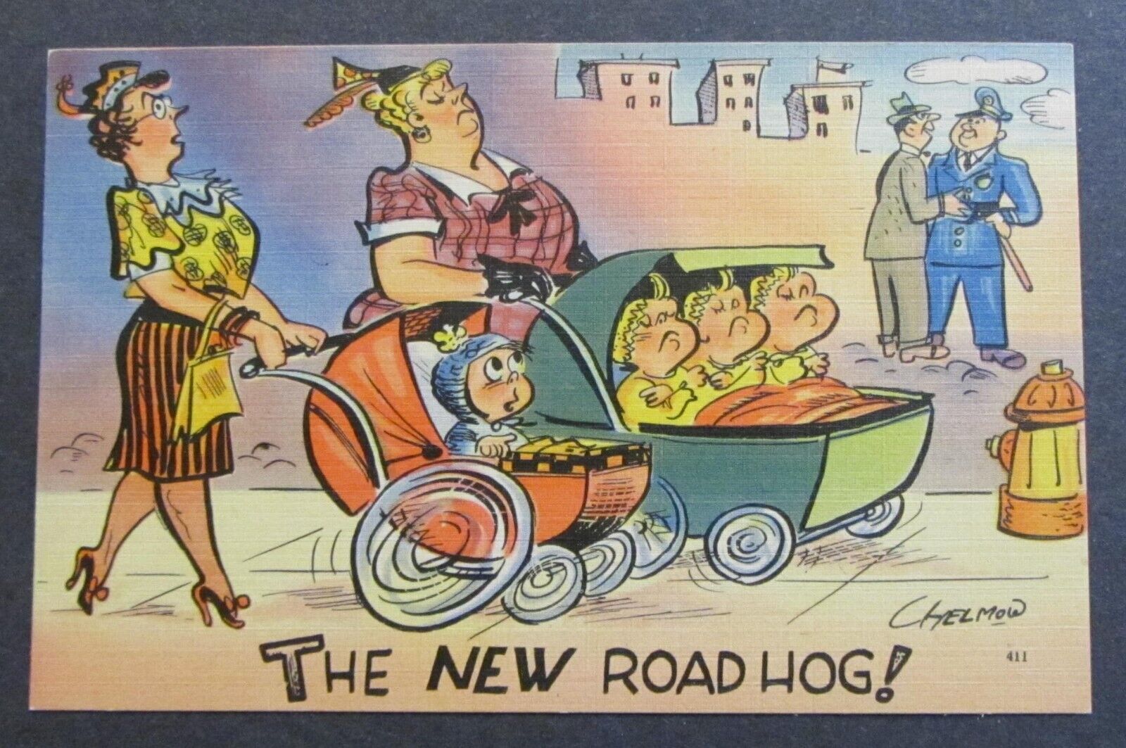 Vintage Curt Teich-Funny-Comic Postcard-THE NEW ROAD HOG linen era 1930-50