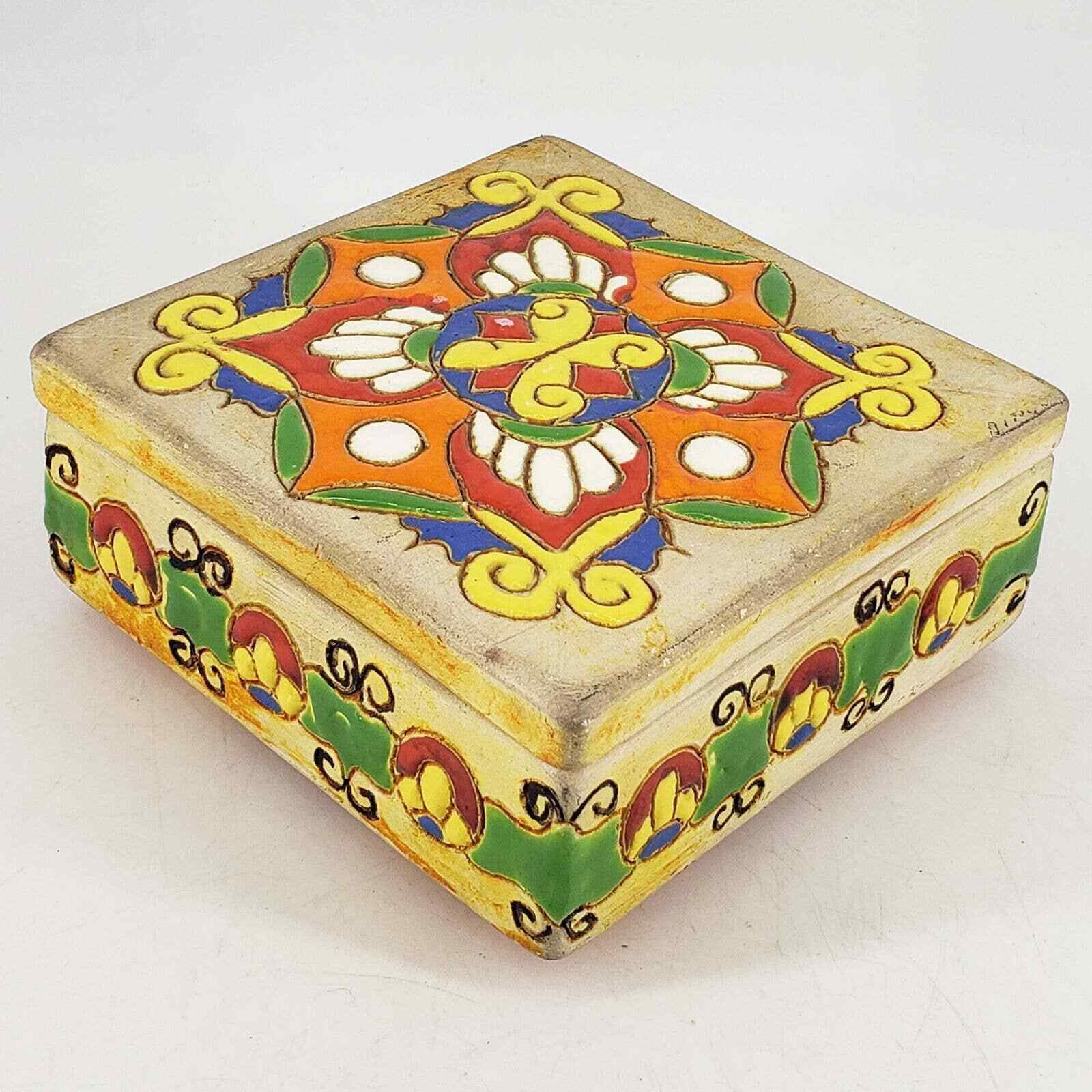 Vintage Mic Century Boho Colorful ceramic studio pottery trinket box w lid