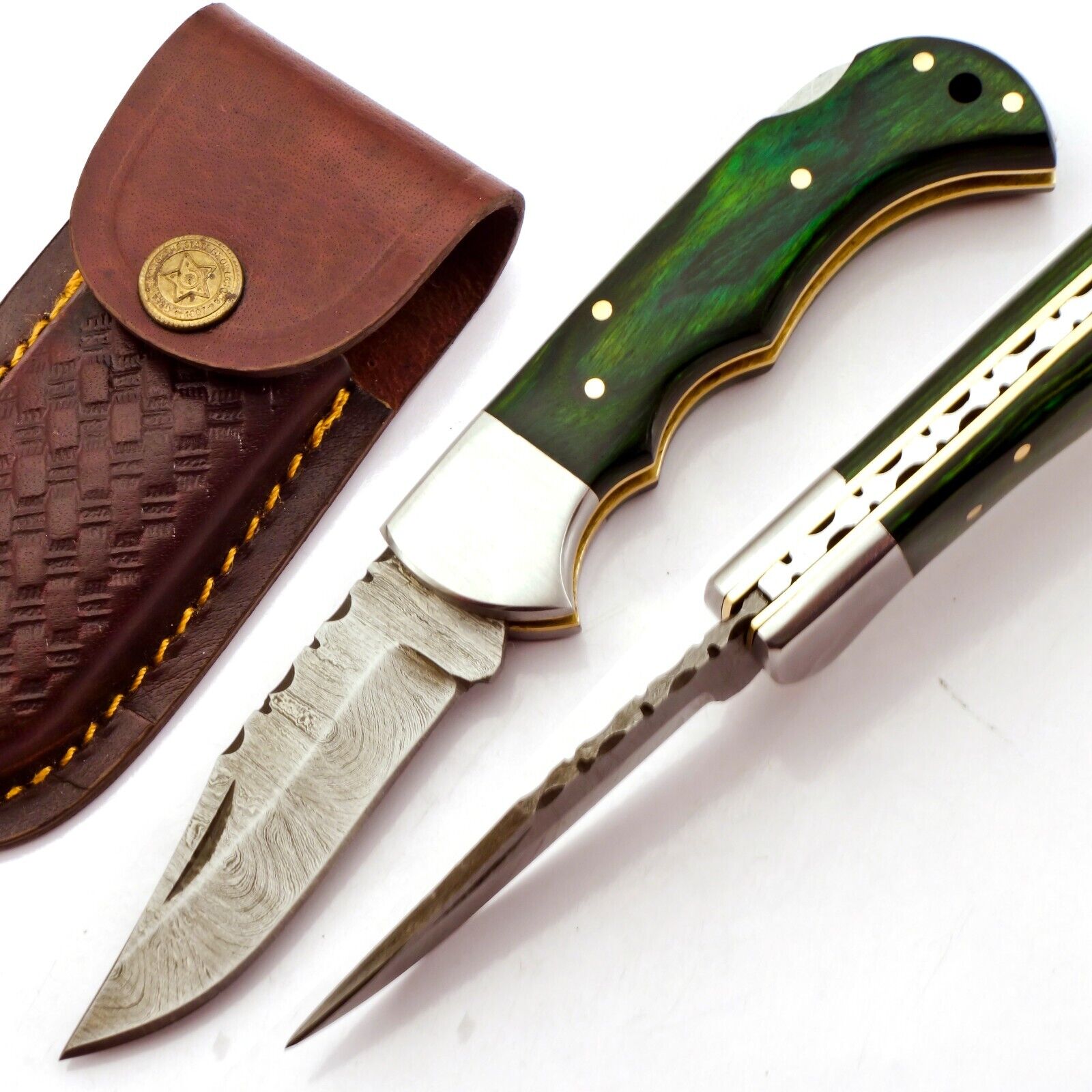 Custom Handmade Damascus Folding Knife with Green Wood Handle