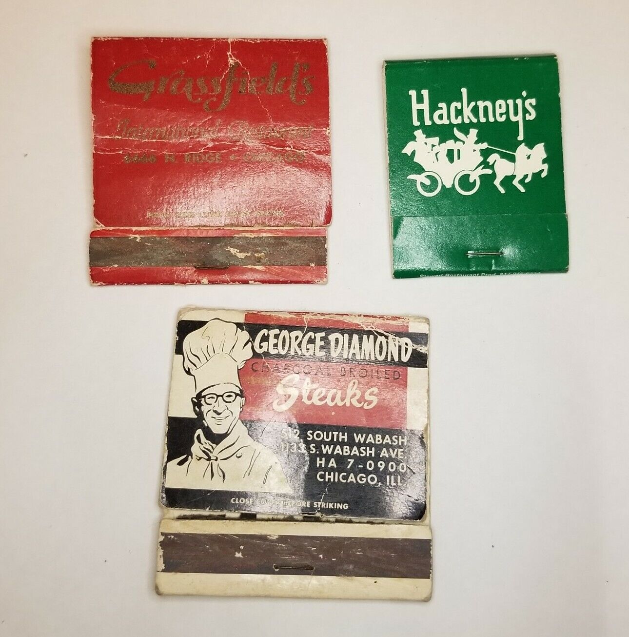 Vtg Chicago Restaurant George Diamond Grassfield\'s Hackney\'s Lot of 3 Matchbooks