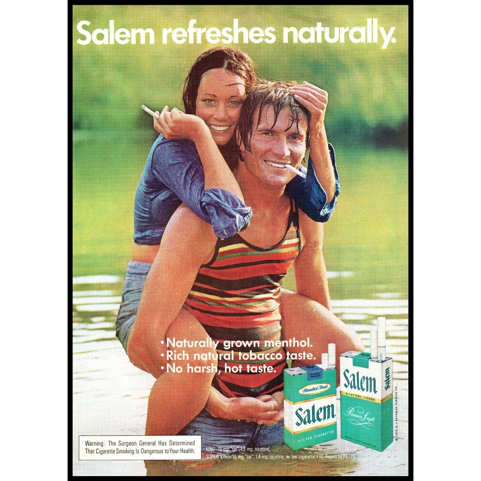 1974 Salem Cigarettes Vintage Print Ad Couple Piggyback Water Lake Wall Art
