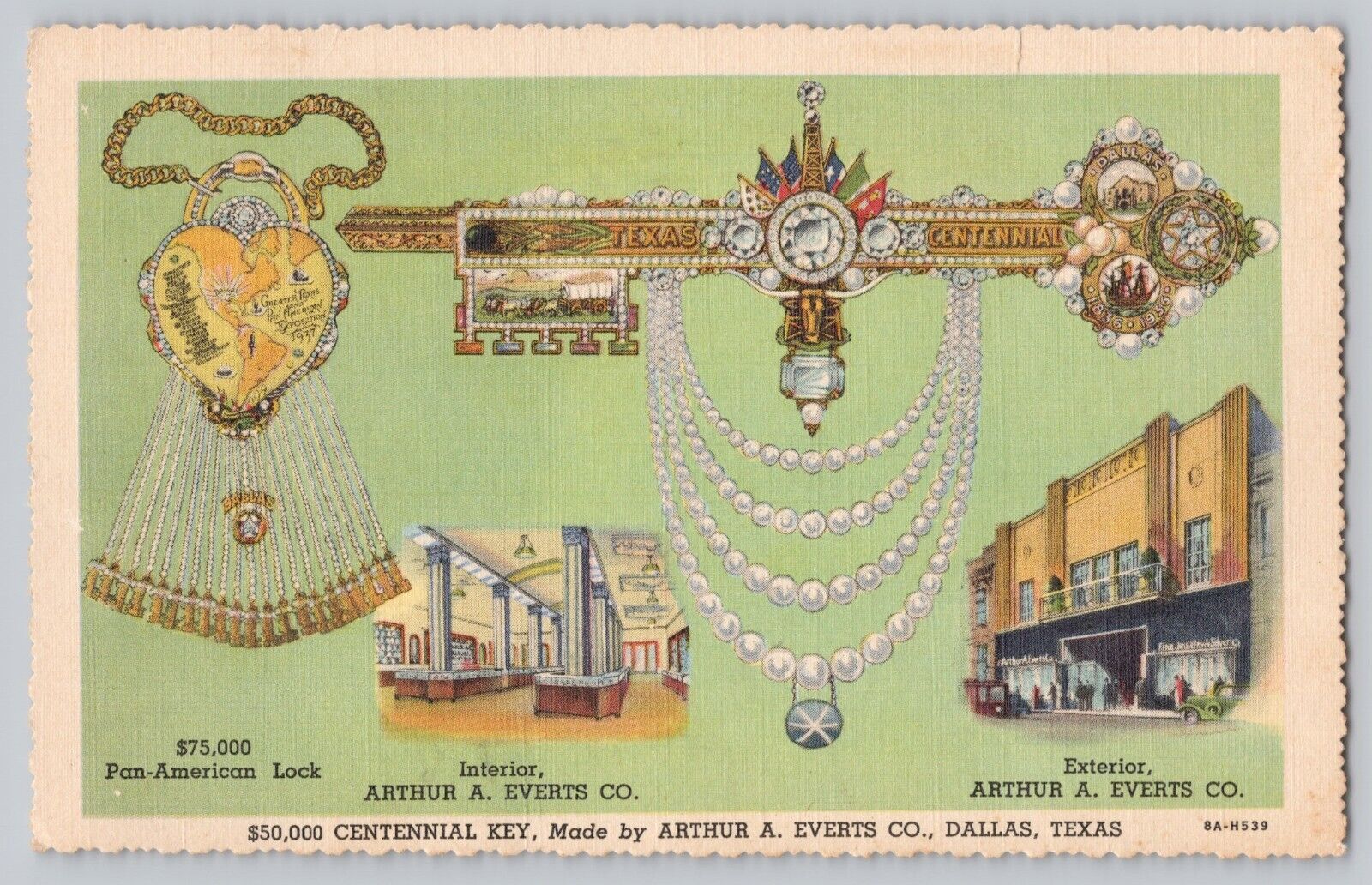 Dallas Texas 1936 Centennial Key Jeweler Arthur A Everts Jewelry Postcard Posted