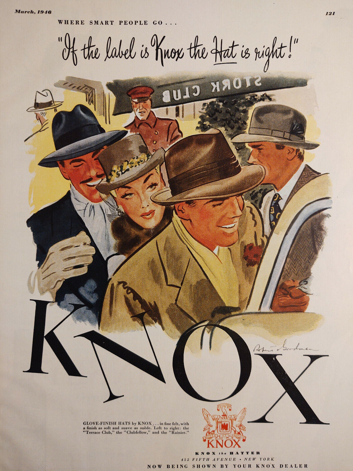 1946 Original Esquire Art WWII Era AD for KNOX hats and Kinsey Whiskey