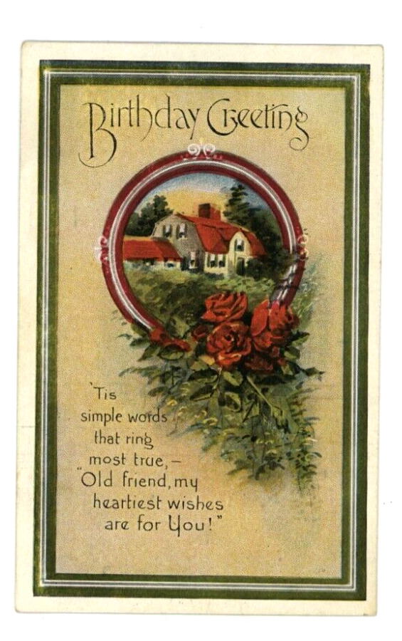 Vintage Birthday Postcard  BIRTHDAY GREETINGS    HOUSE   RED ROSES    POSTED