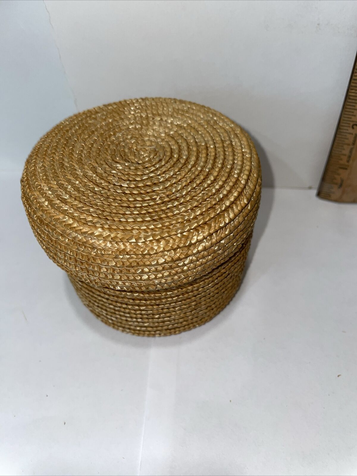 Vintager Pine Needle Mini Basket with Wicker Inside Layer Lid 3x3 Inch