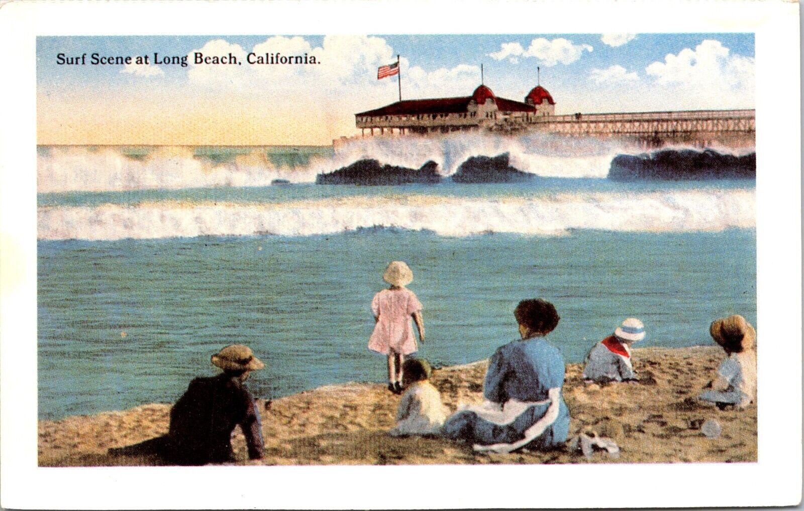 Vintage Unused Postcard Surf Scene At Long Beach California nostalgia a5