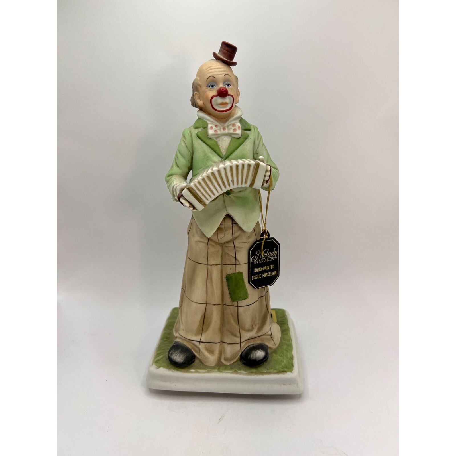 Melody In Motion Accordion Clown Musical 1985 Bisque Porcelain Figurine NWT Waco