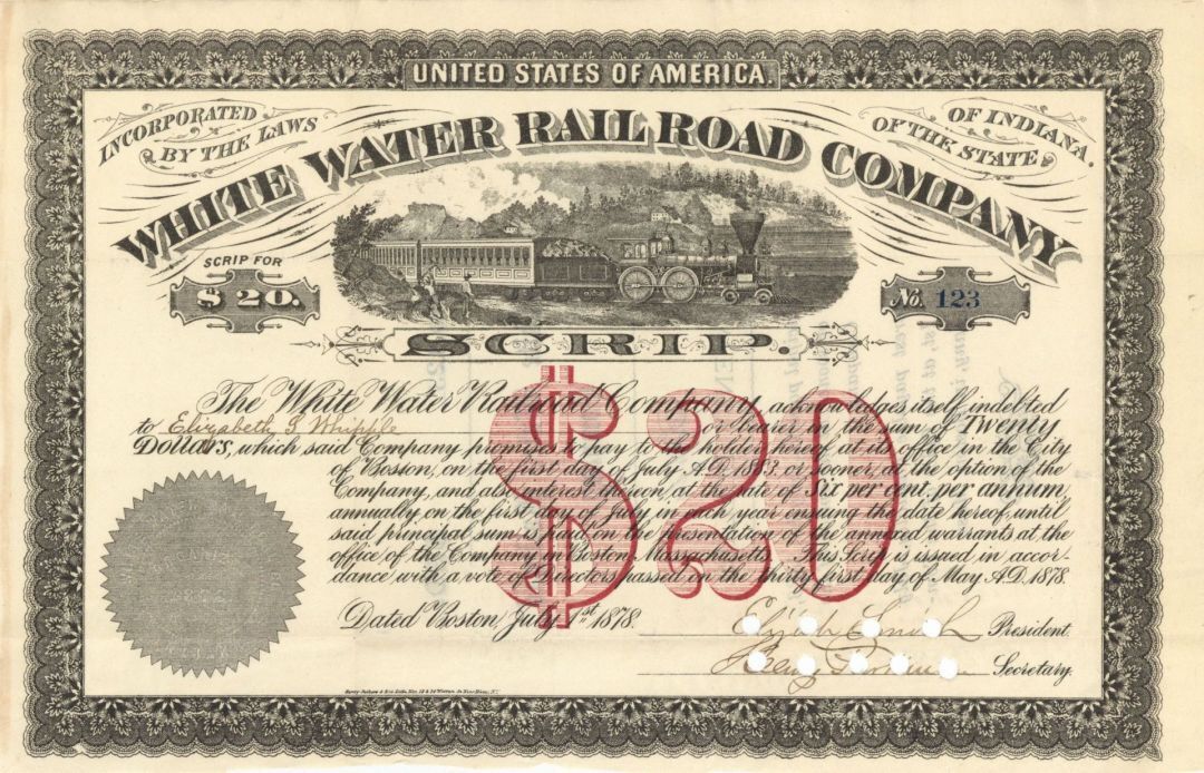 White Water Railroad Company - 1879 $20 Railroad Bond - Railroad Bonds
