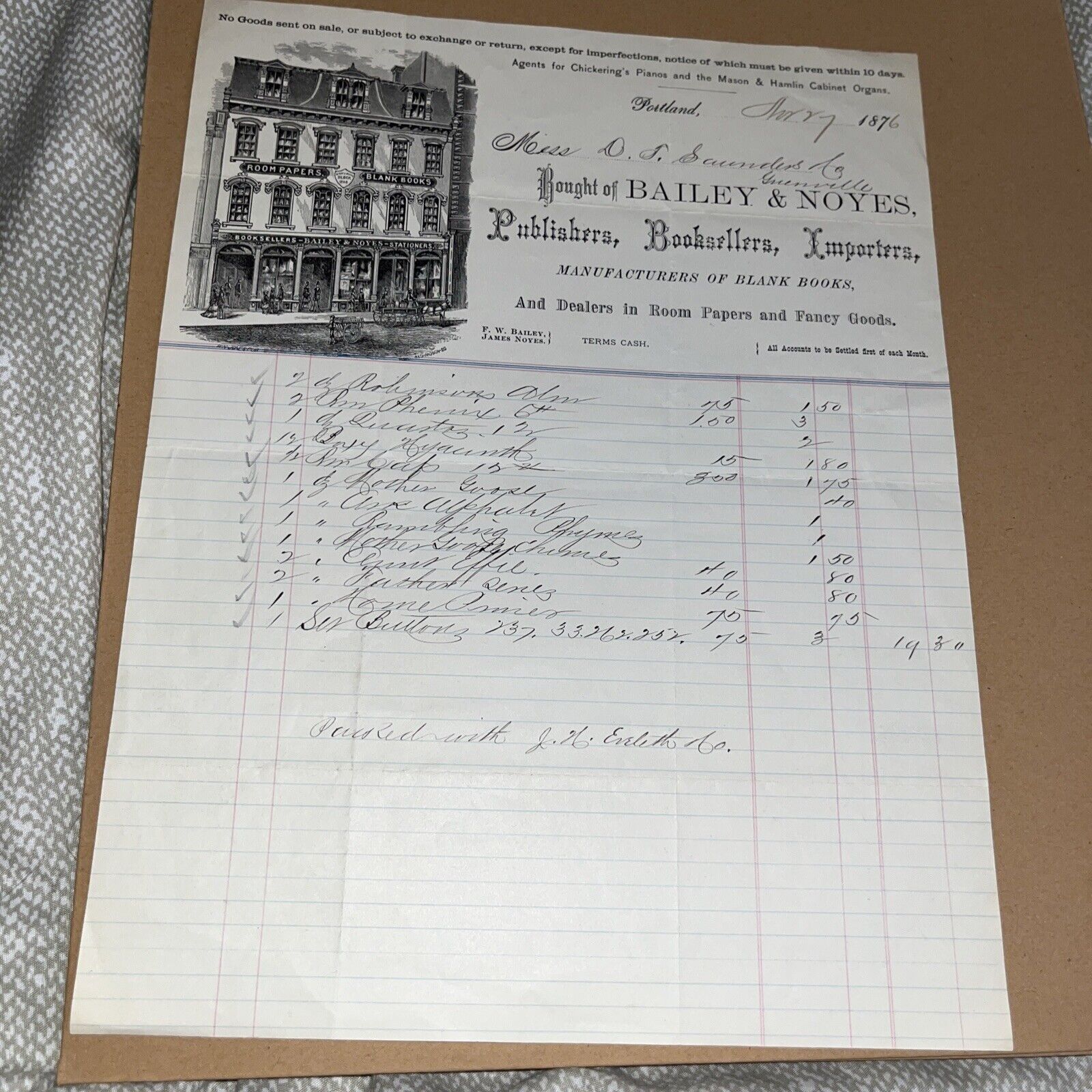 1876 Bailey & Noyes Publishers Book Manufacturers Invoice Letterhead Portland ME