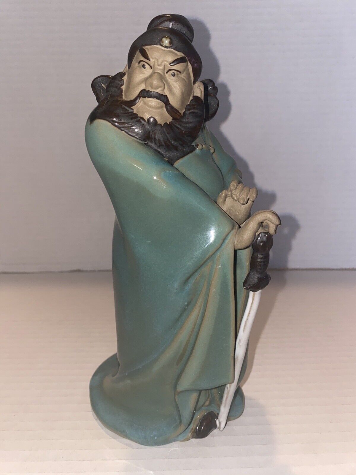 Chinese Porcelain Pottery Mudman Figurine Warrior With Sword 7 “ High Vintage