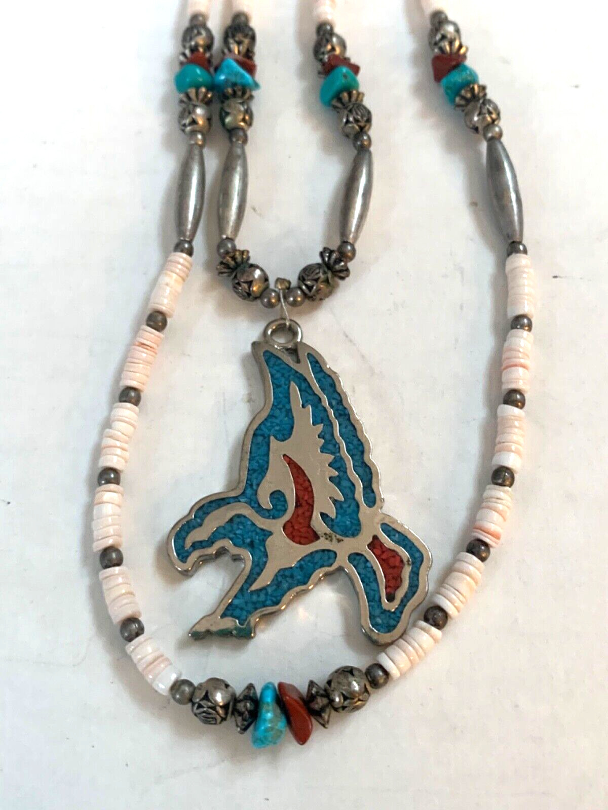 Vintage Necklace Eagle Turquoise Coral Shell Silver Beads Double Strand 25\